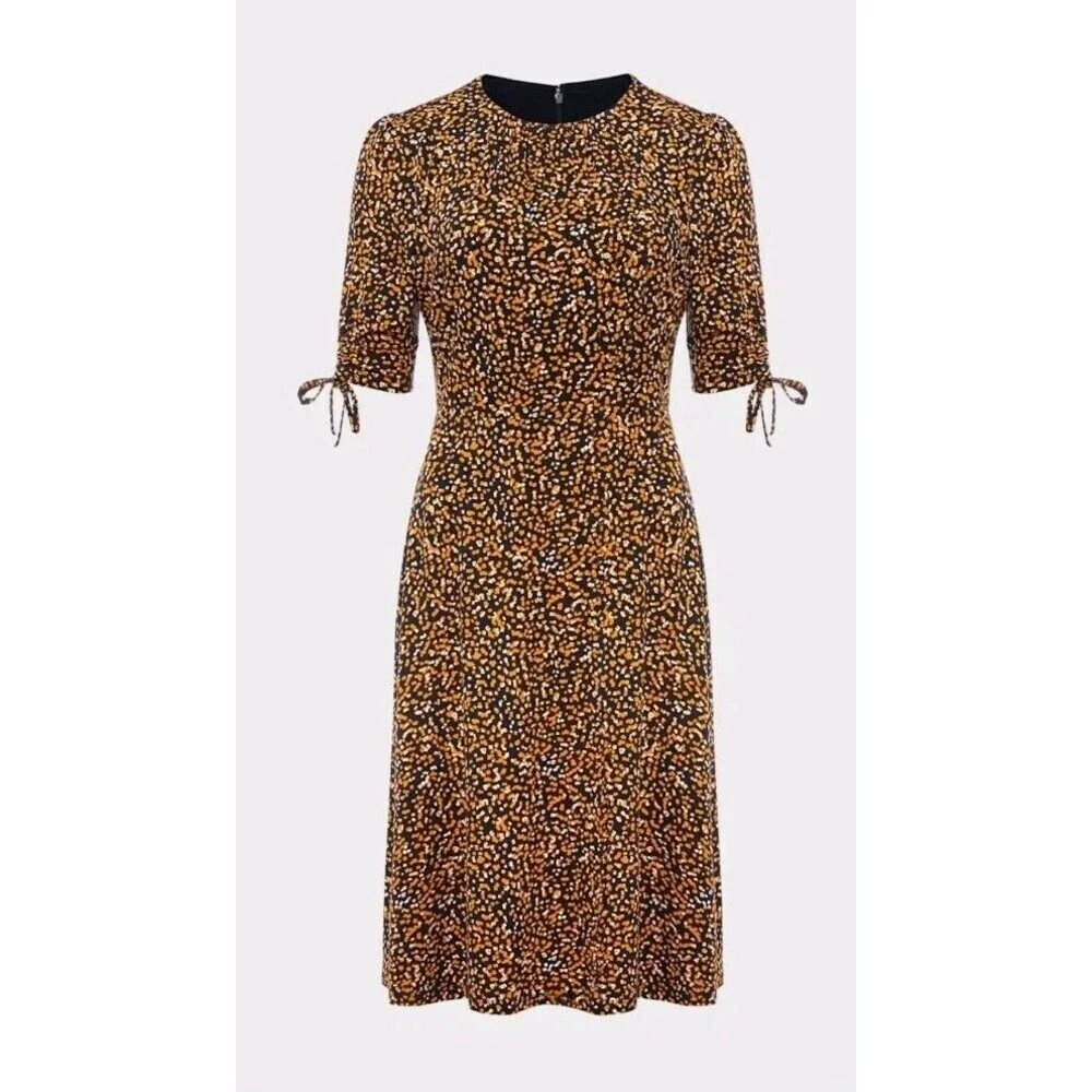 Hobbs Long Midi Samantha Dress Half Sleeve Full Pattern UK14 US M Orange Navy